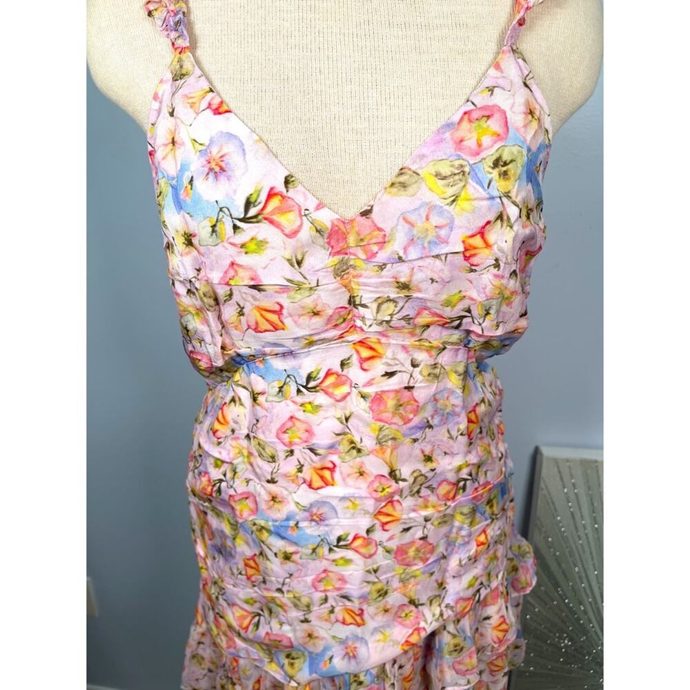 LOVESHACKFANCY Desra Ruched Floral Pastel Confetti Ruffle Mini Dress Sz 8 - Picture 6 of 10